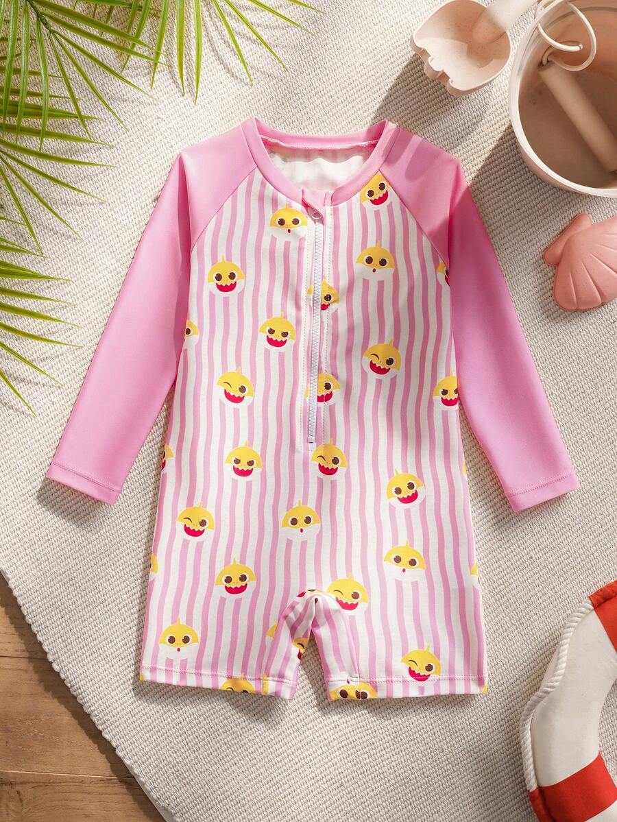 BABY SHARK X SHEIN Bộ đồ bơi liền thân cho bé gái, họa tiết hoạt hình kẻ sọc, phối màu. - Hồng - Xem 1