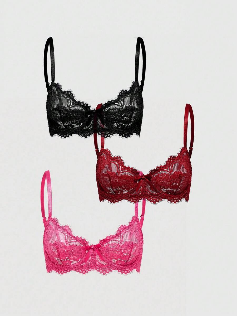 ROMWE 3pcs Set Casual Lace Trim Wire-Free Bralette - Multicolor - View 1