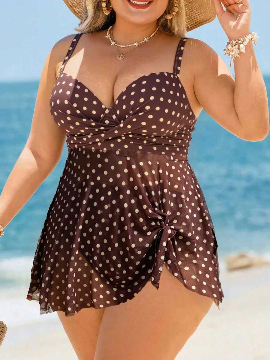 Swim Lushoire 大码女式两件套随机豹纹网纱衬垫钢圈高腰三角比基尼泳衣，可调节加宽肩带露背性感简约度假日常装 - 棕色 - 查看 1