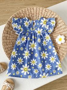 SHEIN Playful Pals Đầm bé gái sơ sinh/trẻ nhỏ 0-3 tuổi in hình thỏ dễ thương, tay bồng, kiểu dáng thường ngày, thích hợp mặc mùa xuân/hè. - Màu xanh lam - Xem 2