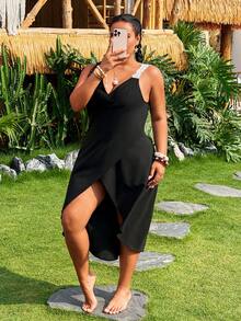 Swim Lushoire 2026 New Lace Floral Spaghetti Strap V-Neck Bodycon Black Dress, Plus Size Cover-Up For Summer Beach Vacation Holiday,Parties&Dates Minimalist - Black - View 3