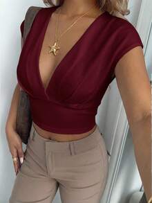 Aloruh Women's Casual Summer Solid White Slim Fit V-Neck Short Sleeve Crop Top,Summer Top - Maroon - View 6