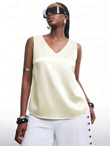 SHEIN EZwear 大码休闲通勤简约缎面吊带背心，米色 - 米色 - 查看 1