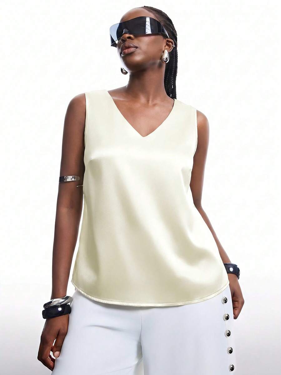 SHEIN EZwear 大码休闲通勤简约缎面吊带背心,米色 - 米色 - 查看 1