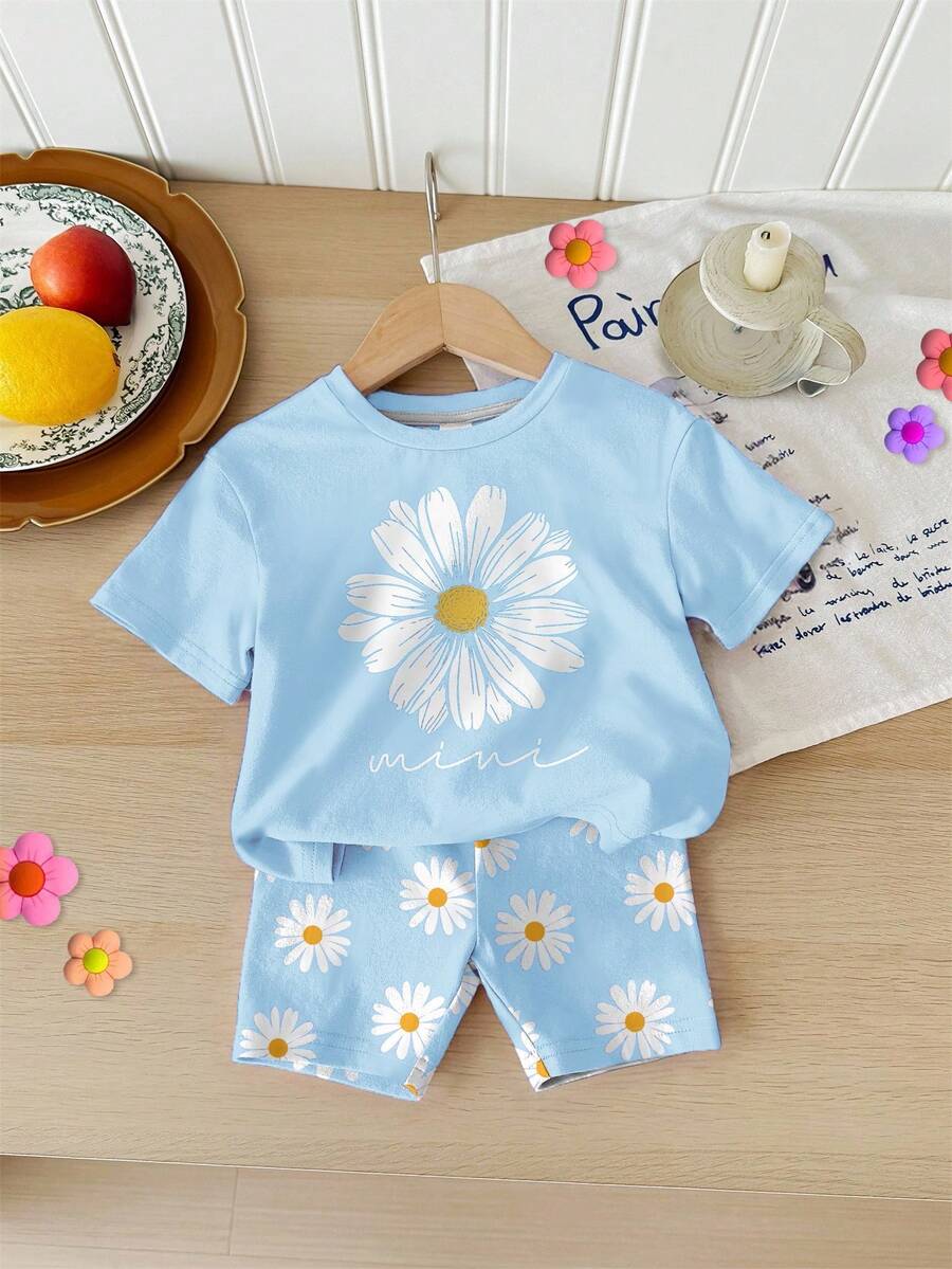 Set 2 Potong Baju dan Celana Pendek Kasual untuk Bayi Perempuan, Cocok untuk Musim Panas, Biru Langit - MultiWarna - View 1