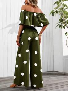 SHEIN PETITE 女款春夏新款露肩波點兩件套，休閒度假穿搭，適合嬌小女性 - 軍綠色 - 查看 2