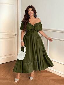 Vionelle Plus Size Retro Hong Kong Style Off Shoulder Ruched Elegant Short Sleeve Dress - Army Green - View 5