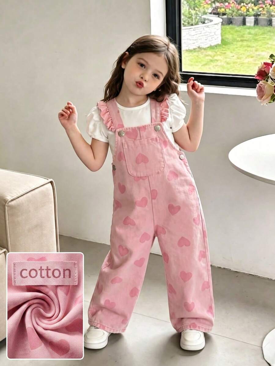 SHEIN Vintaside Kids 1件女嬰藍色牛仔休閒可愛刺繡花卉吊帶連身褲,適合外出與派對,秋季穿著 - 粉色 - 查看 1