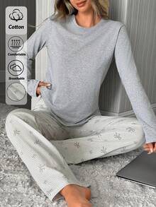 SHEIN 女款棉質圓領長袖上衣淺灰色白色蝴蝶結飾長褲家居服舒適休閒保守睡衣套裝秋季居家睡眠 - 灰色 - 查看 5
