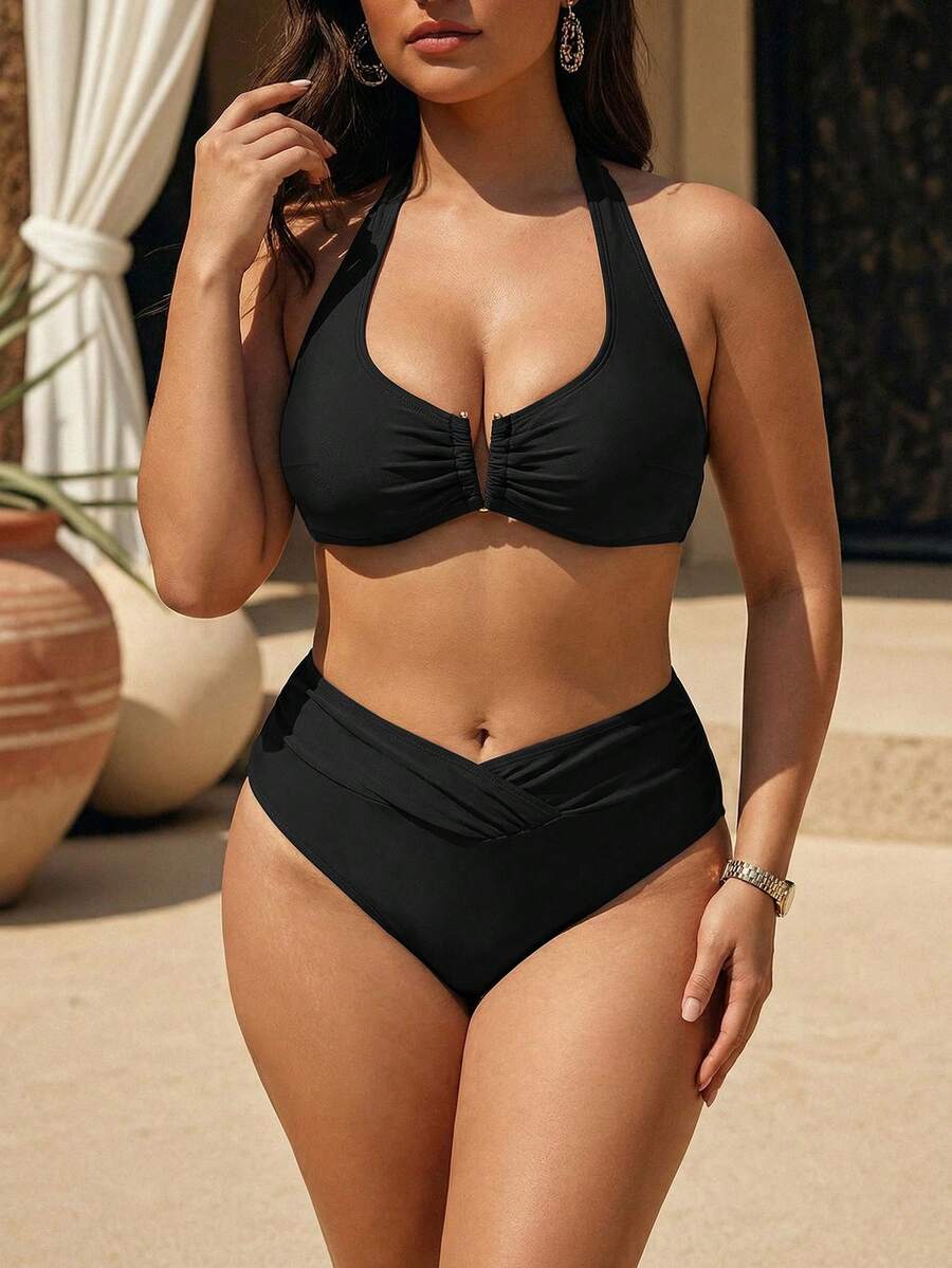 Swim Chiccia Bộ bikini màu trơn cổ chữ V sâu gợi cảm, mẫu mới mùa xuân/hè 2026, đồ đi biển. - màu đen - Xem 1