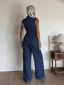 Joudiya Bộ đồ nữ gồm áo không tay dáng rộng và áo khoác denim dài thẳng, thích hợp cho mùa xuân và mùa hè. - Rửa tối - Xem 2