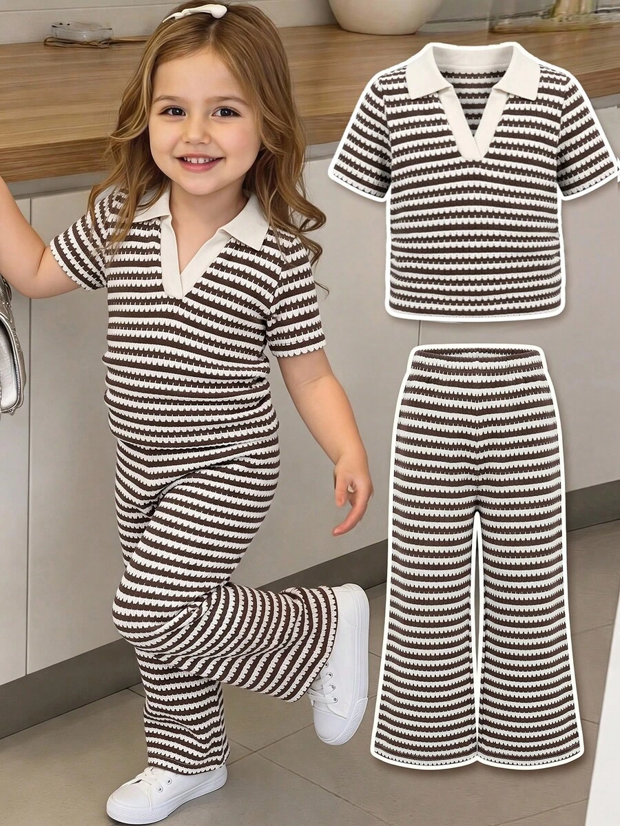 SHEIN Baby Girl Summer Casual Striped Floral Decor Short Sleeve Polo Shirt And Trousers Set Brown Outfit Outfits Sets Flower 2 Pieces Clothes Matching - Brown - View 1