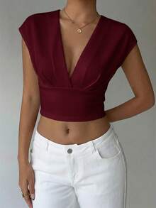 Aloruh Women's Casual Summer Solid White Slim Fit V-Neck Short Sleeve Crop Top,Summer Top - Maroon - View 4