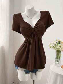Sweetra Áo thun babydoll dáng suông màu trơn cổ khoét lỗ phía trước dành cho nữ, thích hợp mặc hàng ngày đi làm, mùa hè. - Màu nâu Sô-cô-la - Xem 5