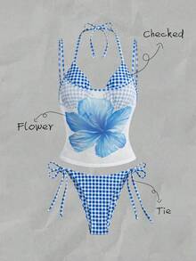 Elavelle Women's Random Print Halter Halter 3-Piece Bikini Set, Spring/Summer - Multicolor - View 1