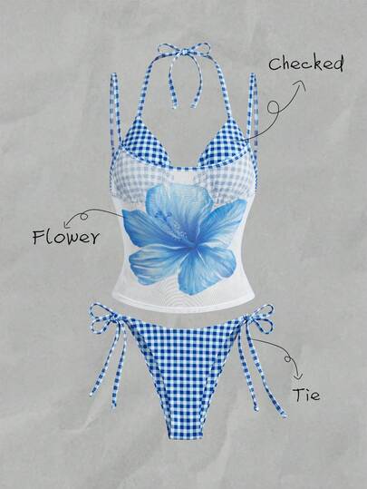 Elavelle Women's Random Print Halter Halter 3-Piece Bikini Set, Spring/Summer