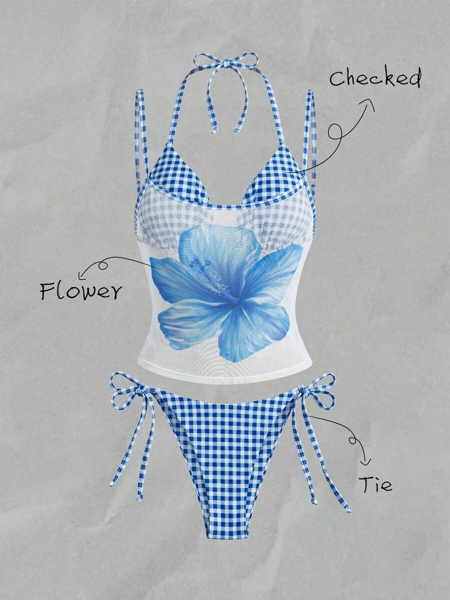 Elavelle Women's Random Print Halter Halter 3-Piece Bikini Set, Spring/Summer - Multicolor - View 1