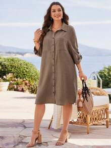 Rosumi Plus Size Casual Front Button Pocket Long Sleeve Dress Fall - Brown - View 4