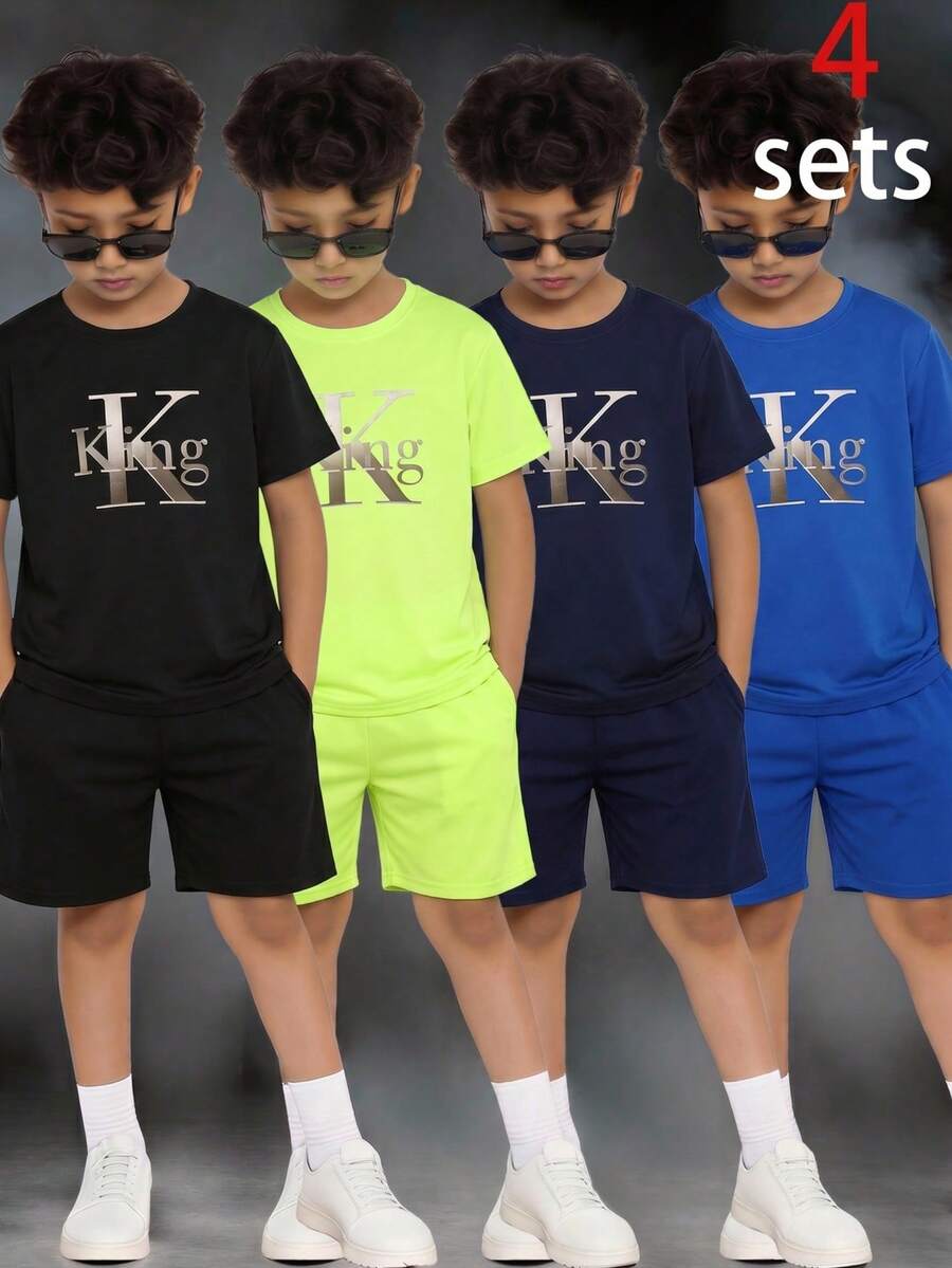 SHEIN 4套兒童青少年男孩休閒純色KING字母圖案短袖圓領T恤與鬆緊腰短褲套裝多件組