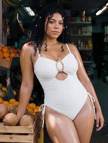 Swim Vcay 2026 New Gold Spaghetti Strap Minimalist Sexy Plus Size One-Piece Swimsuit For Beach Party Vacation Spring/Summer - White - View 4