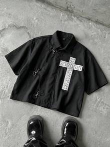 NEON BLANC 100% Cotton Twill Cross Embroidered Short Sleeve Shirt - Black - View 9