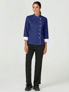 TaskEZ Women's Contrast Color Button-Up Collar Long Sleeve Work Uniform Chef Jacket In 3- 4th Sleeve For Women - Navy Blue - View 4