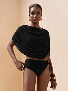 Zivah Top de saída de praia franzido elegante e casual para férias em 2025 - Preto - Ver 5