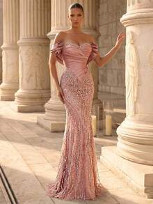 Glamrae Đầm dạ hội sang trọng, đính cườm và sequin, tay trễ vai, chất liệu satin xếp ly, dáng đuôi cá, thích hợp cho đám cưới, tiệc tùng, dạ hội, tiệc chiêu đãi (đính kèm rất nhiều chi tiết). - Bụi hồng - Xem 10