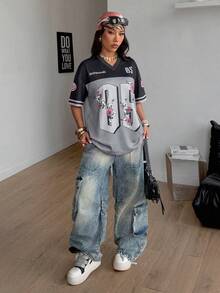 Coolane 女士夏季节日复古街头运动服号码印花超大棒球衫T恤 - 灰色 - 查看 6