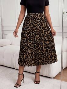 SHEIN Lady CURVE 大码时尚豹纹百褶裙，夏季 - 彩色 - 查看 1