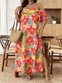 Breezaya Robe d'été à bretelles fines, manches courtes, ourlet fendu, grande taille, multicolore, printemps/été/automne - Multicolore - Voir 5