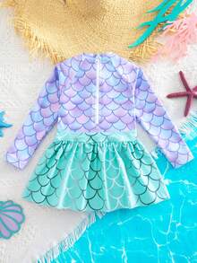SHEIN Young Girl Bowknot Decor Colorblock Fish Scale Print One-Piece Long Sleeve Swimsuit, Beach Holiday Style - Purple - View 2