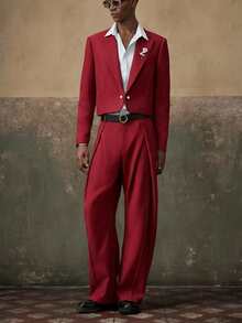 AKNOTIC 2pcs Men's Woven Casual Loose Fit Long Sleeve Jacket And Straight Leg Pants Set, Vacation, Father's Day Gifts - Burgundy - View 3