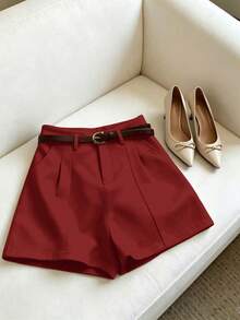 Pantalones cortos minimalistas de moda francesa, tejidos de unicolor, casuales para ir al trabajo, retro, de cintura alta, con silueta A y pierna ancha, para mujeres - Rojo - Ver 7