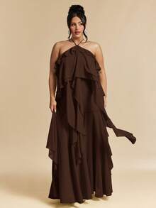 SHEIN BAE Đầm dự tiệc đi biển dáng rộng, dài, màu xanh lá cây, xếp ly, cổ yếm, buộc dây, dành cho người có vóc dáng đầy đặn. - màu nâu - Xem 2