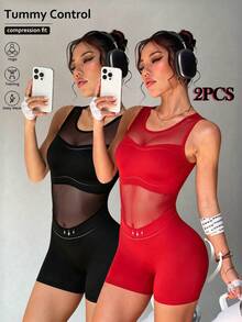 Velisys Velisys 2件組女款運動連身褲，紅黑配色，夏季性感健身款，無袖前片網布拼接、背面V型剪裁，收腹瑜伽跑步網球高爾夫套裝 - 彩色 - 查看 1