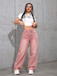 ICON Versatile Solid Color Straight Leg Jeans With Pocket - Rosa - View 4
