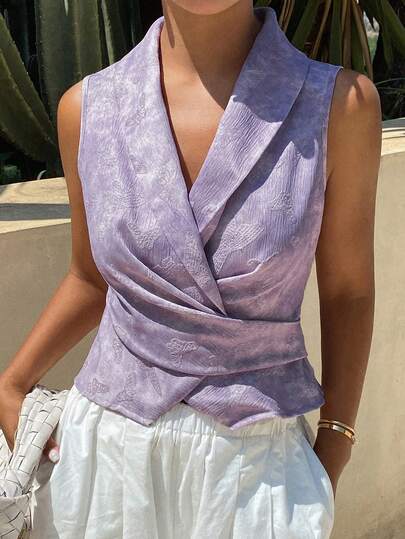 Tie-Dye Jacquard Fabric Waist-Cinched Oblique Lapel Tie-Up Sleeveless Elegant Resort & Formal Summer Top Vest For Women