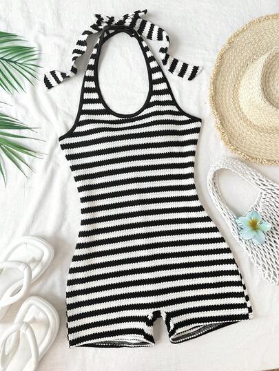 SHEIN Bộ áo liền quần lửng kẻ sọc thoải mái thường ngày dành cho thiếu nữ