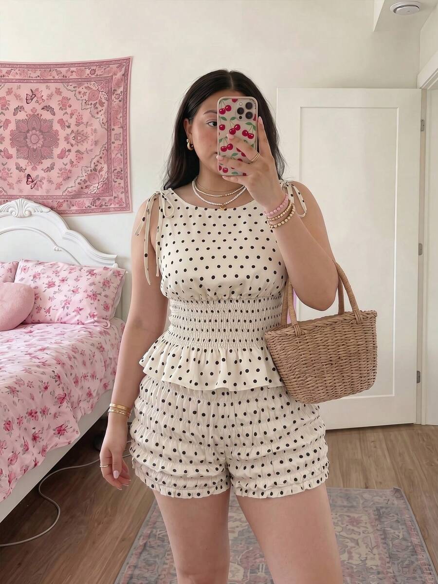 SHEIN MOD 大码女式撞色波点印花无袖上衣和短裤两件套，情人节穿搭，春夏装扮，约会装，海滩装，夏季度假装，休闲女装，波点图案，外出套装，下午茶派对装，返校季装，90年代复古装，派对装，下午茶派对套装
