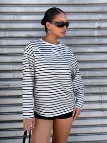Muchica Camiseta de manga larga con espalda descubierta y rayas holgada para mujer, ideal para salir, volver al colegio, ropa urbana, blusas con espalda descubierta - Azul y blanco - Ver 5