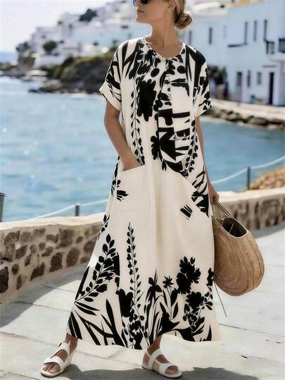 SHEIN Holidaya Đầm hè hoa văn đen trắng thanh lịch và giản dị dành cho nữ, đầm maxi tay ngắn có túi, đầm dự tiệc in hoa, trang phục đi biển, đầm dự đám cưới mùa hè, đầm dài trắng đen cho kỳ nghỉ, lễ Phục sinh và lễ tốt nghiệp, đầm dự tiệc thanh lịch, đầm thường ngày cho nữ, trang phục mùa hè cho nữ, đầm hoa cho nữ
