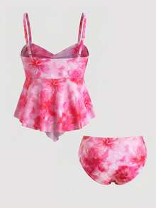Sweetra CURVE Tankini-baddräktset för kvinnor i plus size, sommar, strand, blommönstrat, knuten framsida, rosa, för semester - Rosa - Visa 2