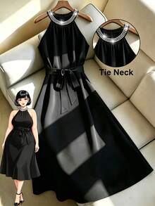 GlowEve CURVE Robe évasée élégante à col de perles pour femmes grandes tailles, pour le travail - Noir - Voir 1