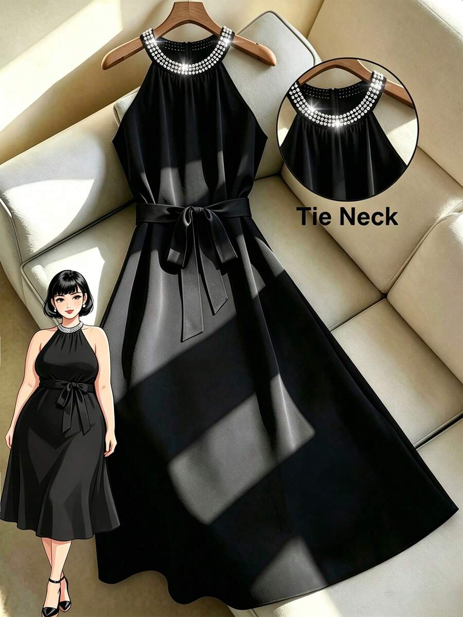GlowEve CURVE Robe évasée élégante à col de perles pour femmes grandes tailles, pour le travail - Noir - Voir 1