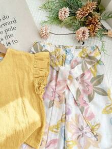 LMoss Kids 2pcs Baby Girl Woven Solid Color Ruffle Collar Top And Loose Ditsy Floral Pants Set - Yellow - View 9