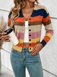 SHEIN Frenchy Cárdigan ligero de rayas tejidas de colores minimalista y casual para mujer, de estilo versátil adecuado para primavera/verano, uso diario, citas, fiestas, playa, graduación, moda, elegante, casual, salidas, citas, viajes, vacaciones, Y2K - Multicolor - Ver 6