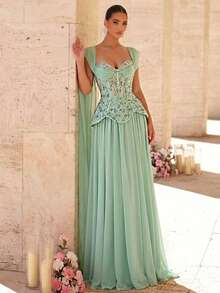 Glamrae Luxurious Lace Sequin Chiffon Formal Ball Gown,Elegant Dignified Pleated Super-Sized Skirt Dress For Wedding,Bachelorette Party,Vacation&Formal Dinner - Grass Green - View 6