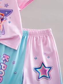 SHEIN Kids 2pcs/Set Young Girl Casual Sports Style K-Pop Cartoon Starry Sky Print Short Sleeve Top And Shorts Set,Light Pink,Summer Back To School - Pink - View 7