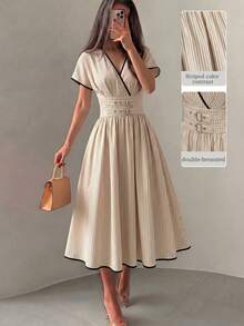 Modelyn Đầm midi dáng chữ A có thắt lưng điều chỉnh được, màu mơ, dệt kỹ thuật số, họa tiết kẻ sọc, dành cho nữ, mùa xuân/hè, thanh lịch và lãng mạn. - Màu Khaki - Xem 10